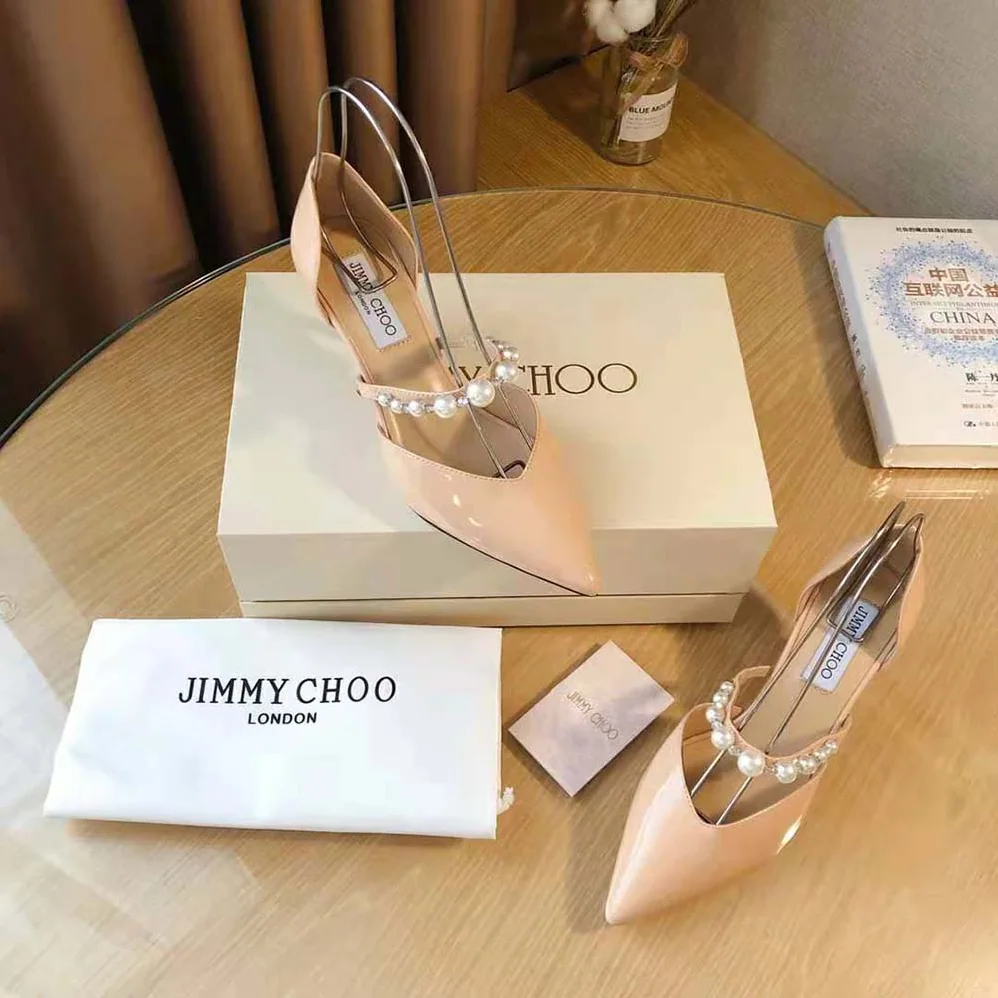Jimmy Choo Aurelie 85 Ballet Pink Patent Leather Pointed Pumps with Pearl Embellishment for Women