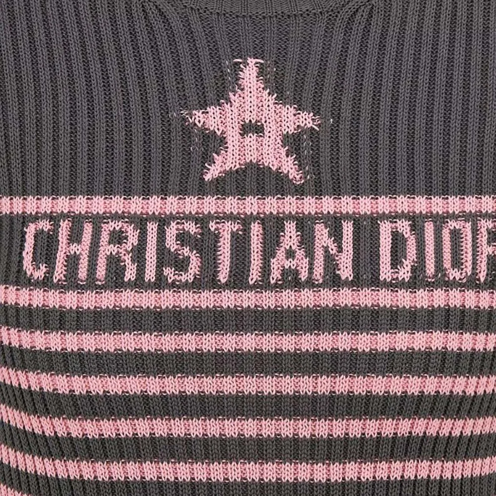 Dior Dioriviera Short-sleeved Sweater Gray and Pink Cotton Knit with Signature for Women Dior Dioriviera Short-sleeved Sweater Gray and Pink Cotton Knit with Signature for Women
