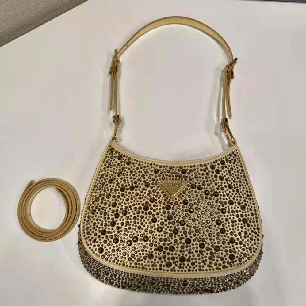 Prada Cleo Satin Bag with Crystals for Women in Gold Prada Cleo Satin Bag with Crystals for Women in Gold
