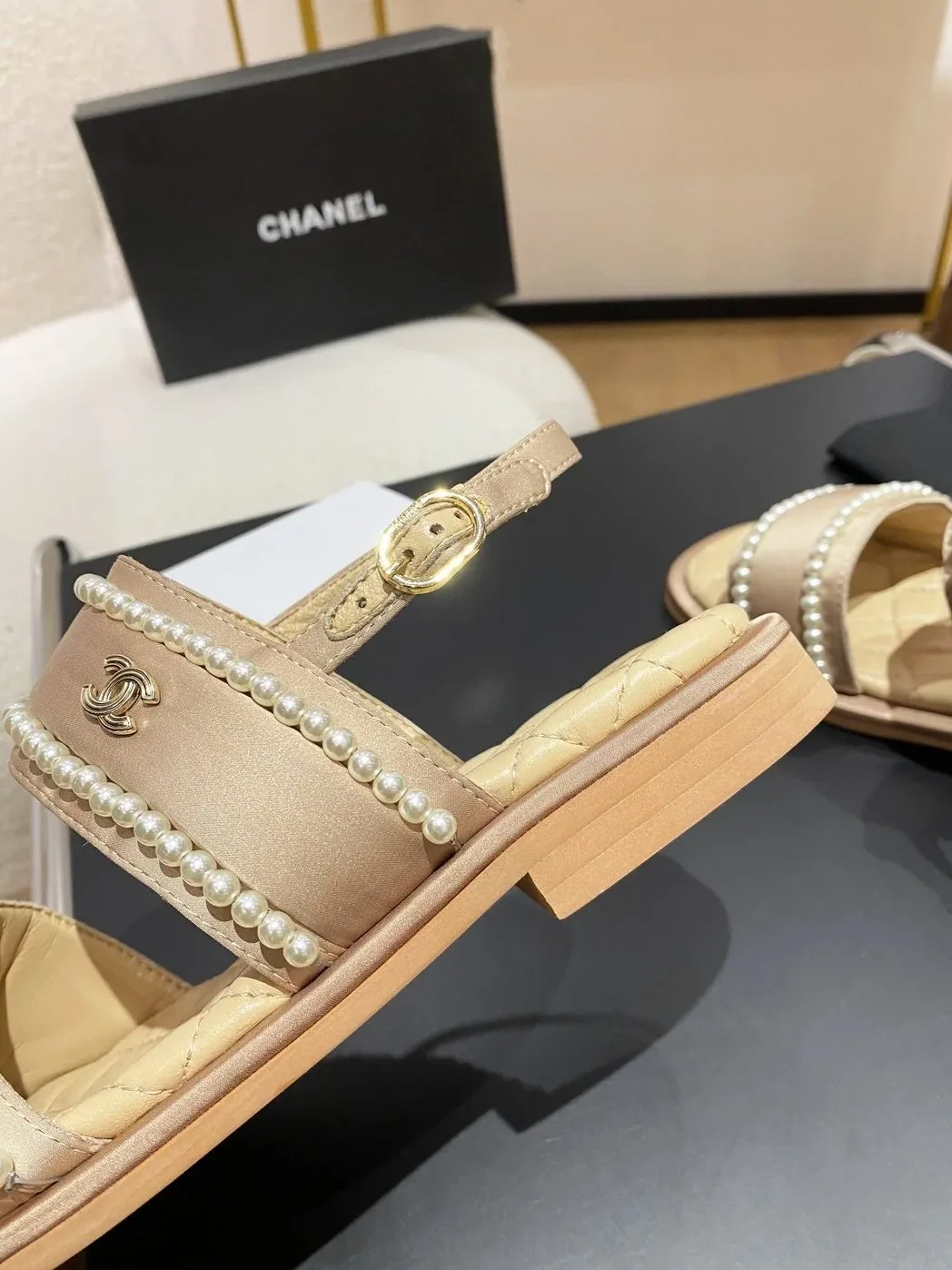 Chanel Pearl Flat Sandals Brown