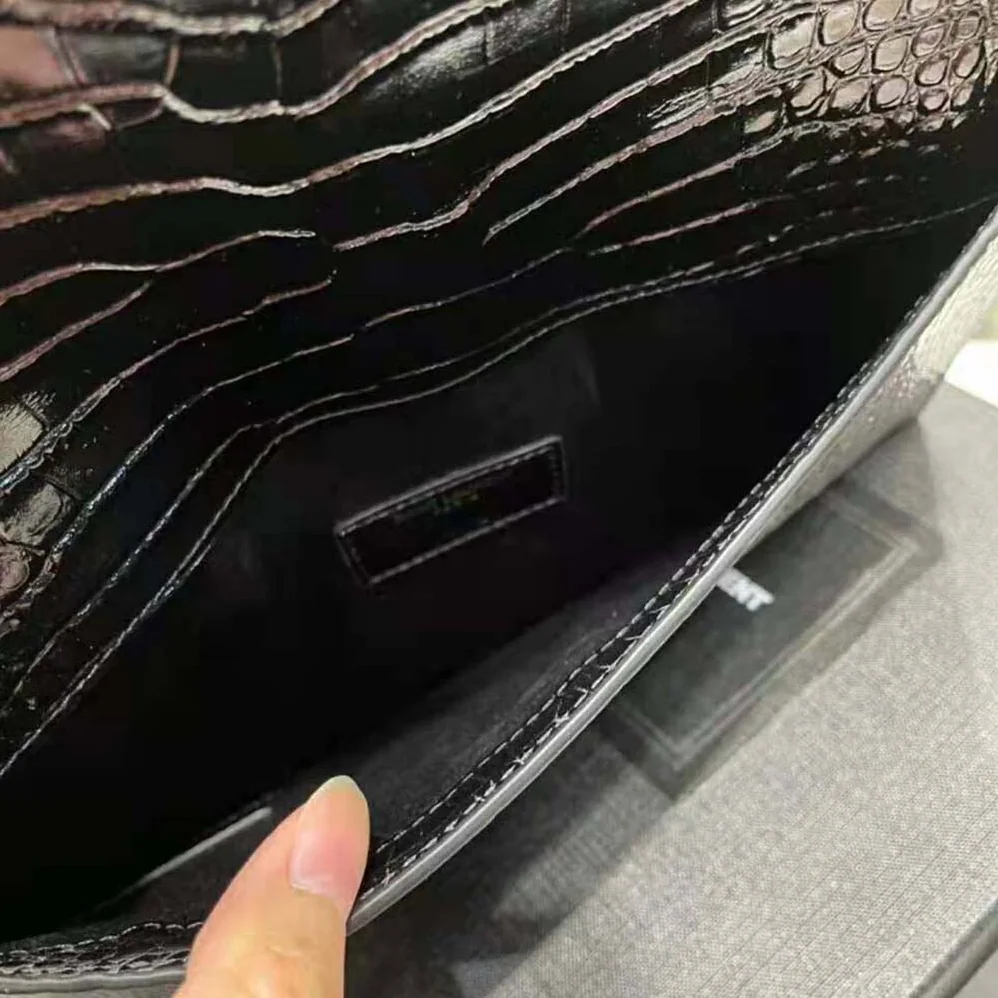 Saint Laurent YSL Uptown Pouch in Crocodile Embossed Shiny Leather for Women in Black