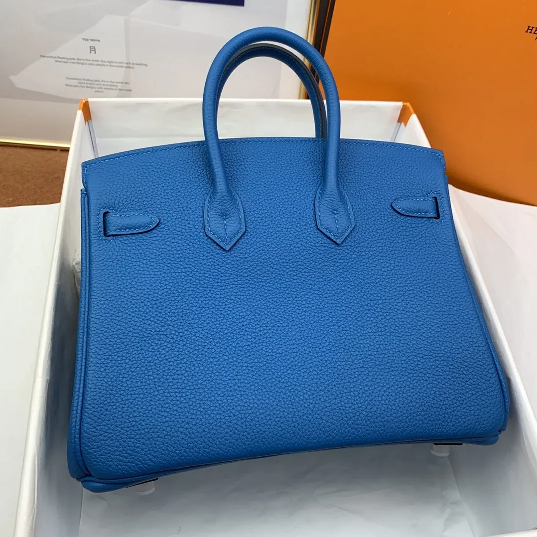 Hermes Birkin Top Handle Bag / Nata Togo Leather Blue Silver Hardware