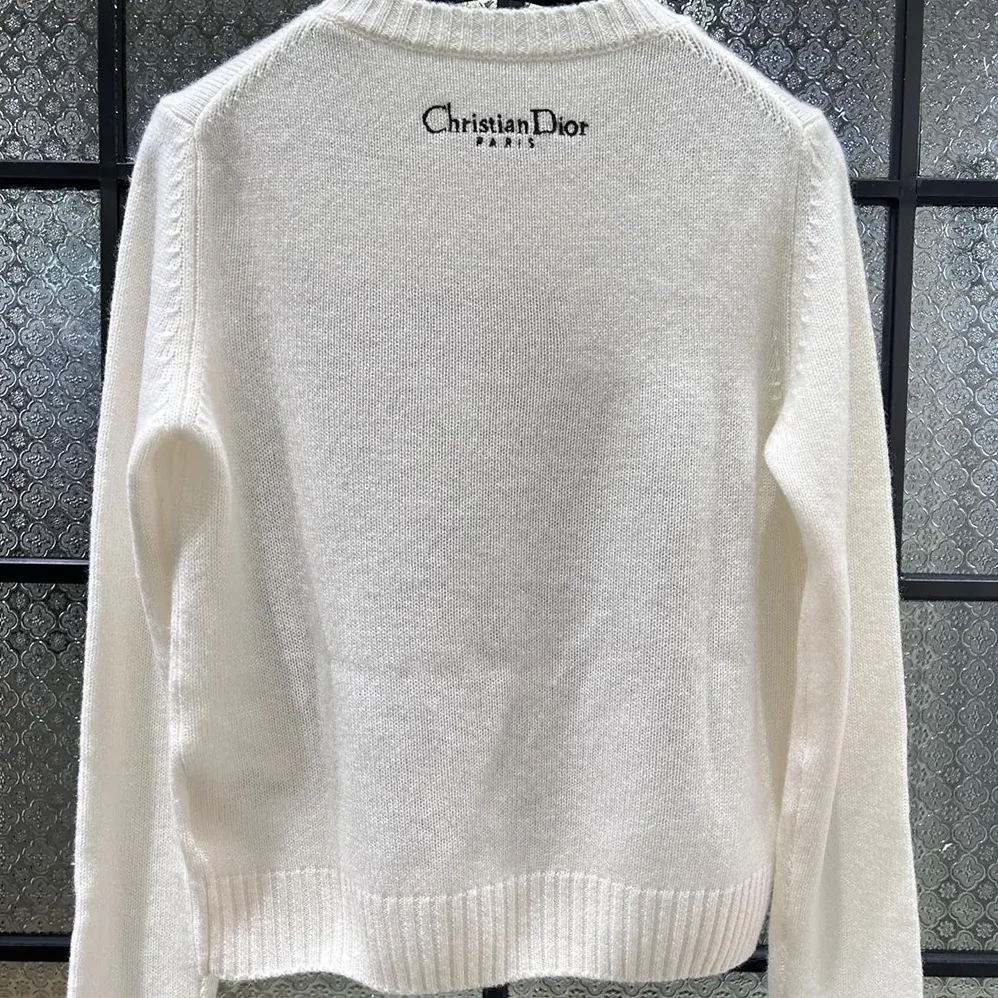 Dior Embroidered Sweater Ecru Cashmere Knit with Blue Dior Night of Dreams Motif for Women Dior Embroidered Sweater Ecru Cashmere Knit with Blue Dior Night of Dreams Motif for Women