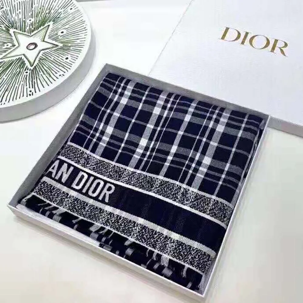 Dior Checkndior Pop Stole Navy Blue Cashmere Silk and Cotton for Women