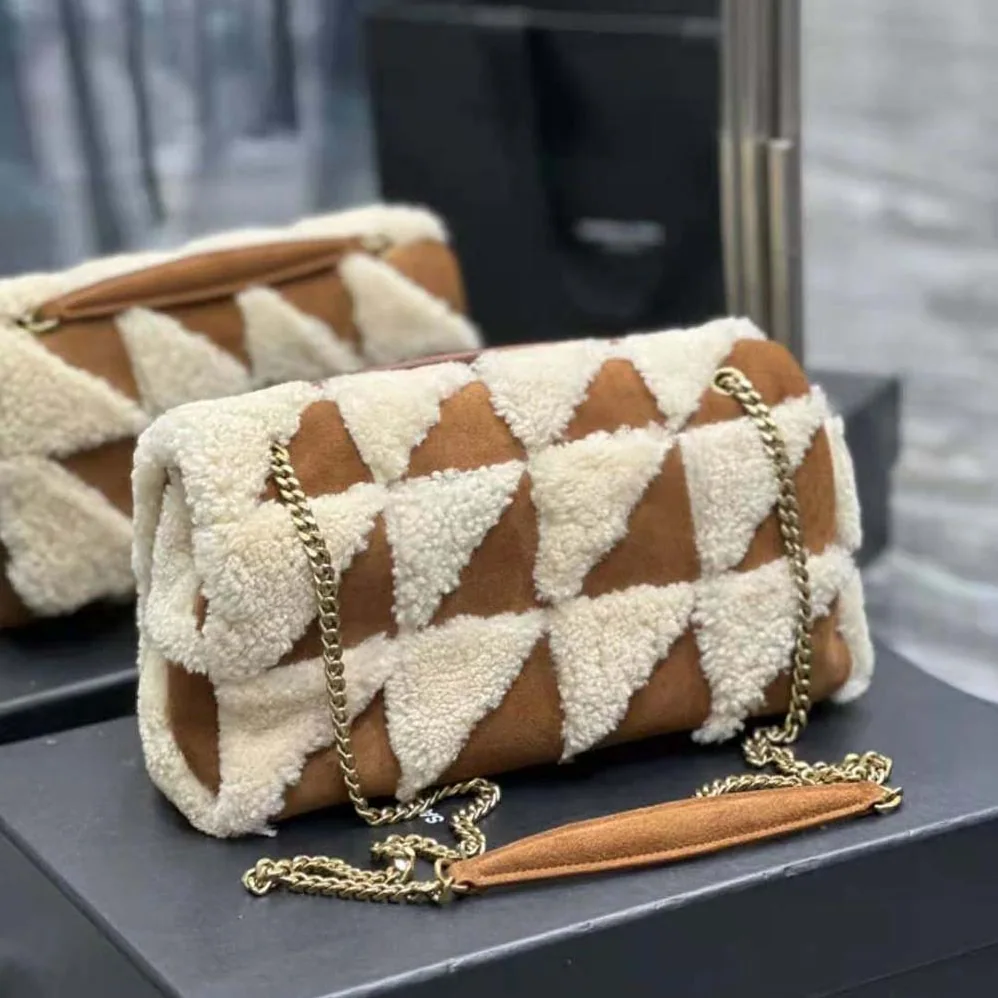 Saint Laurent YSL Jamie Medium Chain Bag “Carré Rive Gauche” in Suede and Shearling Patchwork for Women