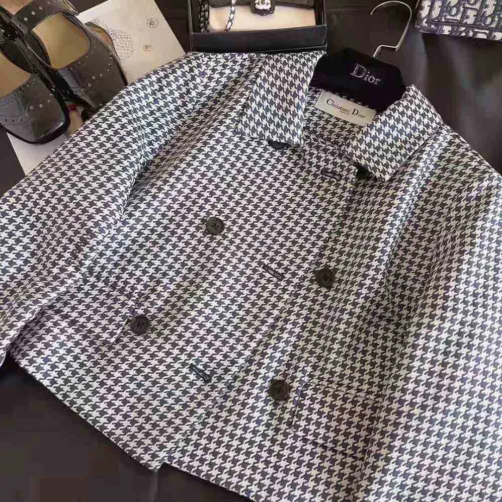Dior Cropped Jacket Navy Blue Technical Cotton Jacquard with Micro Houndstooth Motif for Women