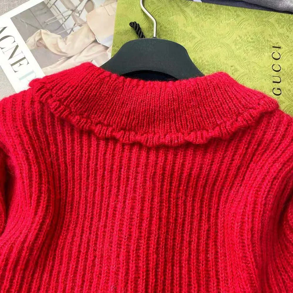 Celine Frilled Collar Cardigan in Silk and Mohair for Women in Red