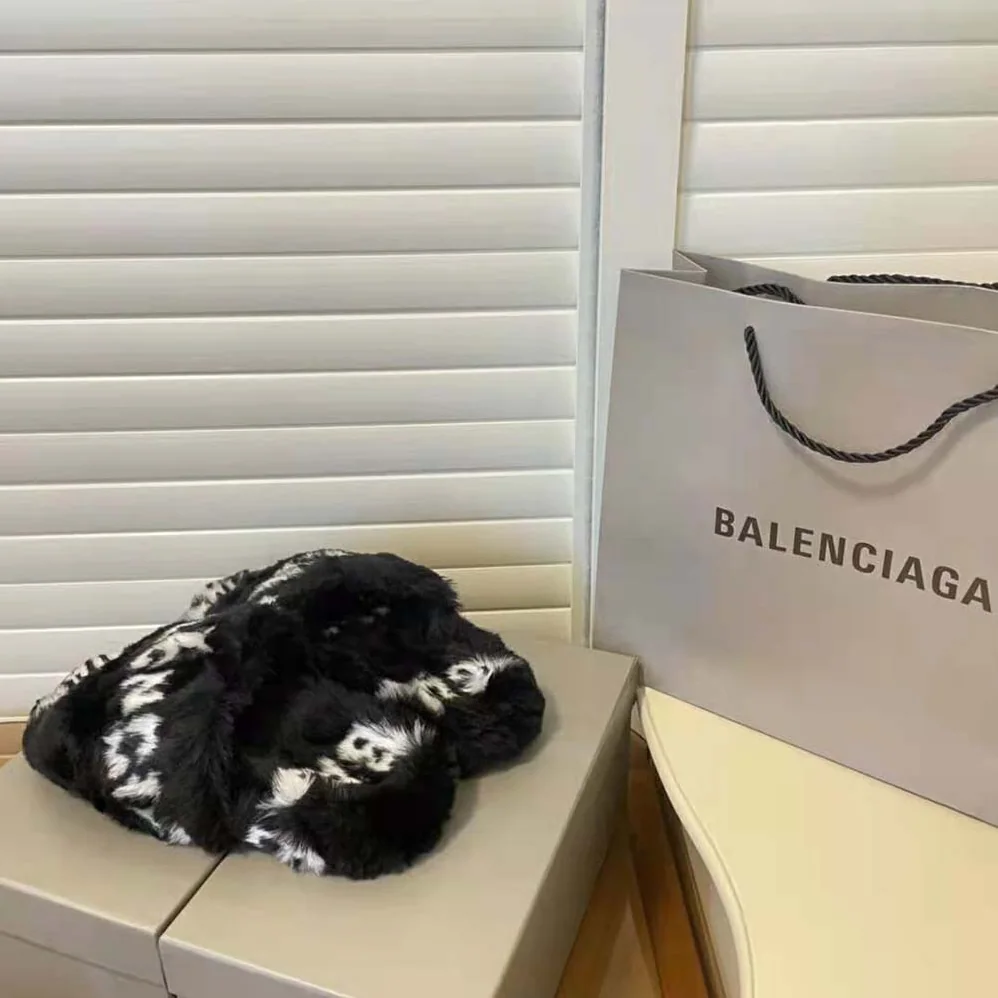 Balenciaga Furry Slide Sandal Allover Logo in Black and White Fake Fur for Women Balenciaga Furry Slide Sandal Allover Logo in Black and White Fake Fur for Women