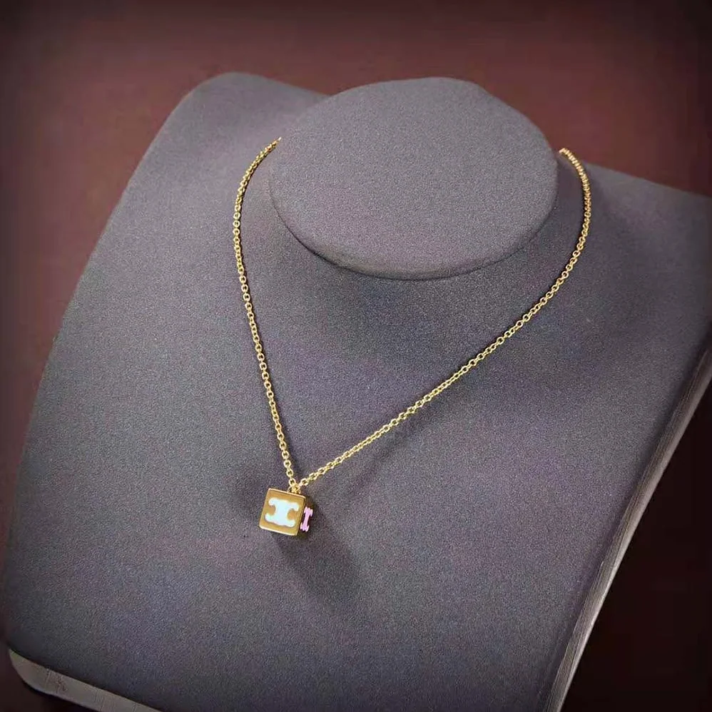 Celine Triomphe Cube Necklace in Brass with Gold Finish and Colored Enamel for Women Celine Triomphe Cube Necklace in Brass with Gold Finish and Colored Enamel for Women