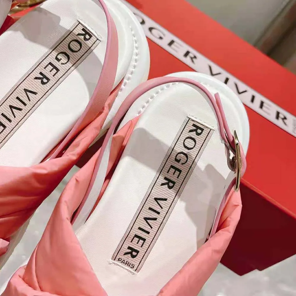 Roger Vivier Viv Winter Puffy Strass Buckle Sandals in Satin for Women in Pink