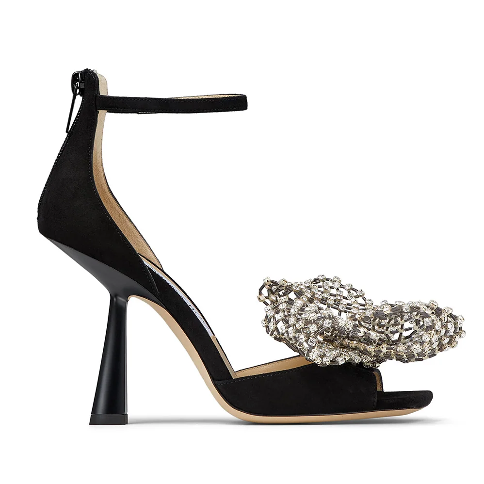 Jimmy Choo Mana 100 Black Suede Sandals with Crystal Bow Clasp for Women Jimmy Choo Mana 100 Black Suede Sandals with Crystal Bow Clasp for Women