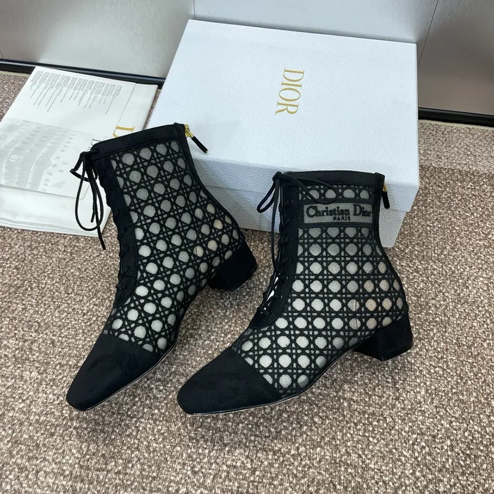 Dior Naughtily-D Heeled Ankle Boot Transparent Mesh Embroidered with Black Cannage Motif for Women Dior Naughtily-D Heeled Ankle Boot Transparent Mesh Embroidered with Black Cannage Motif for Women