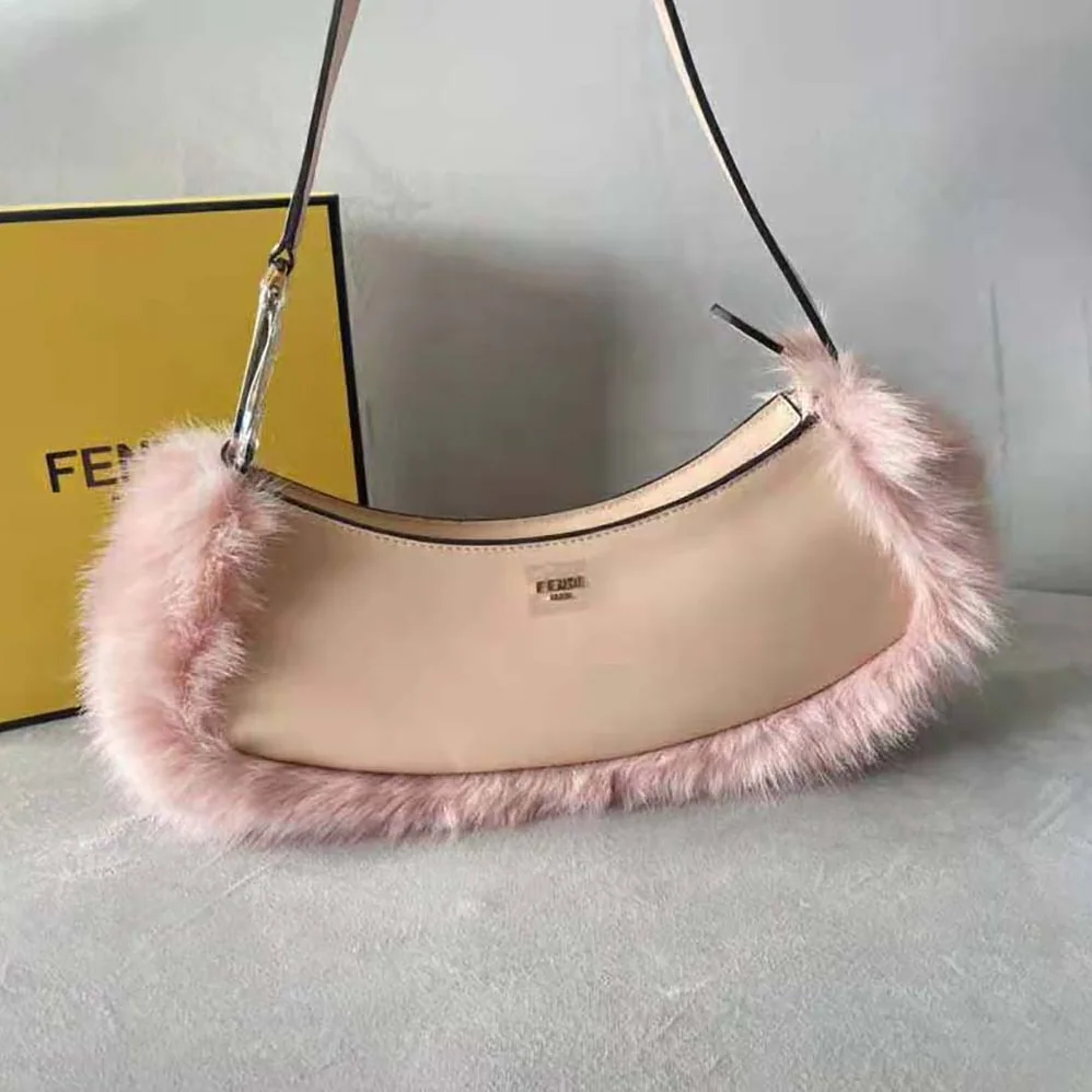Fendi O'Lock Swing Pale Pink Leather and Fox Fur Pouch for Women