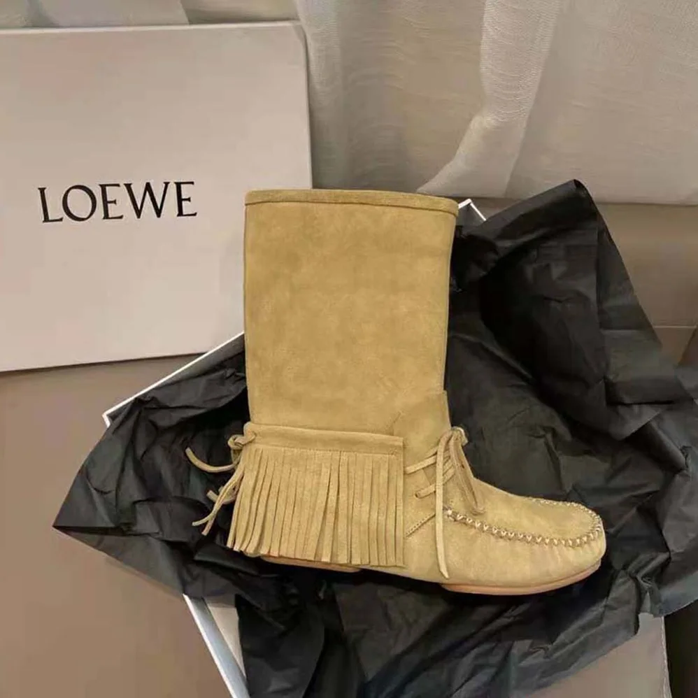 Loewe Fringed Soft Boot in Split Calfskin for Women in Brown