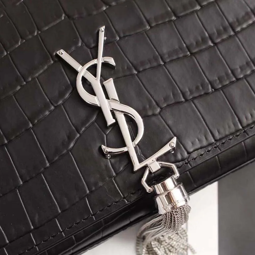 Saint Laurent YSL Kate Small Tassel Embossed Crocodile Shiny Calfskin for Women in Black