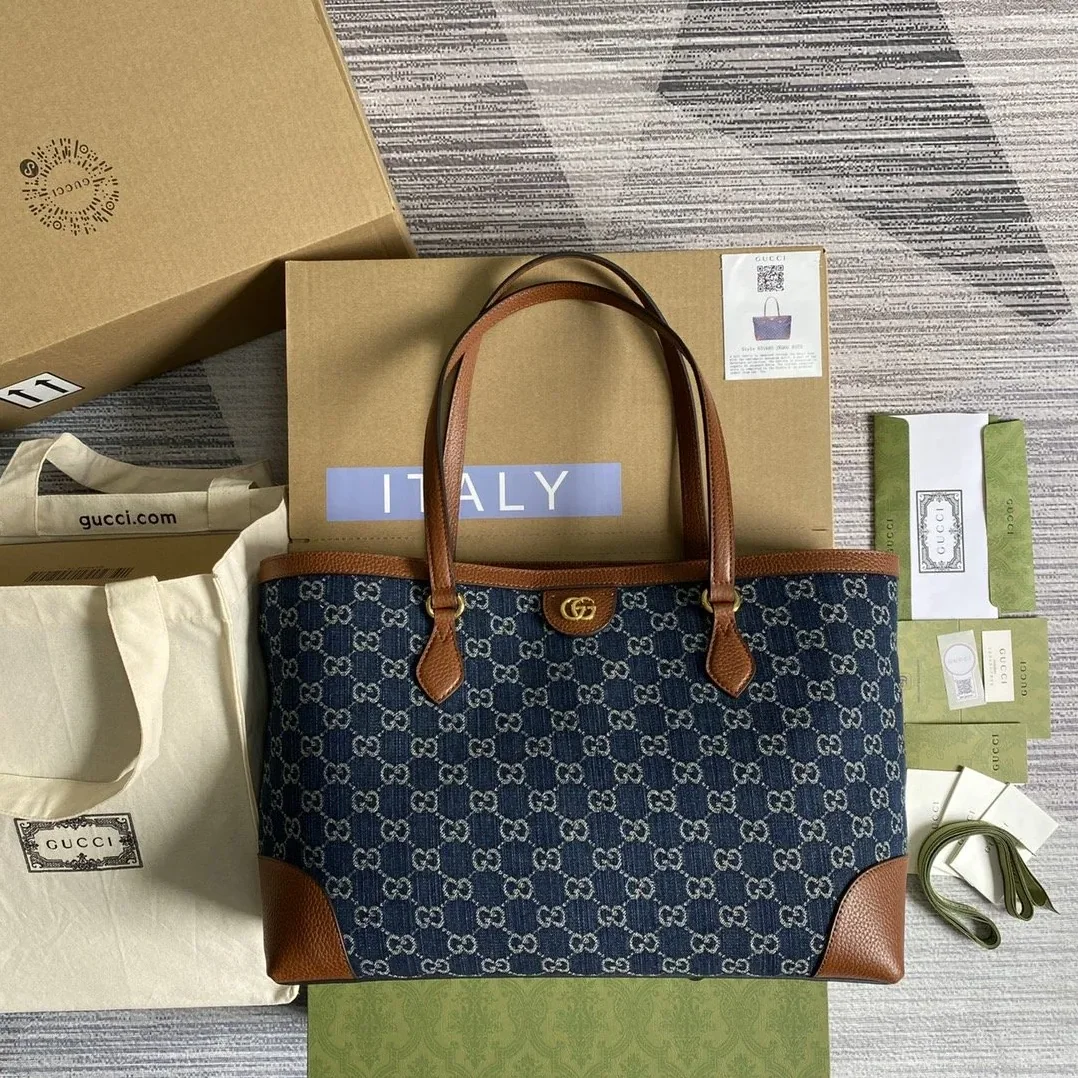Gucci Ophidia GG Medium Tote Dark Blue And Ivory Eco Washed Organic GG Jacquard Denim / Gucci Ophidia GG Medium Tote Dark Blue And Ivory Eco Washed Organic GG Jacquard Denim /