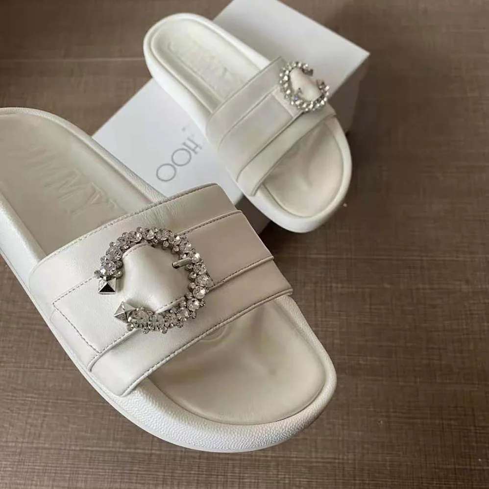 Jimmy Choo Fallon White Nappa Leather Slides with Crystal Buckle for Women Jimmy Choo Fallon White Nappa Leather Slides with Crystal Buckle for Women