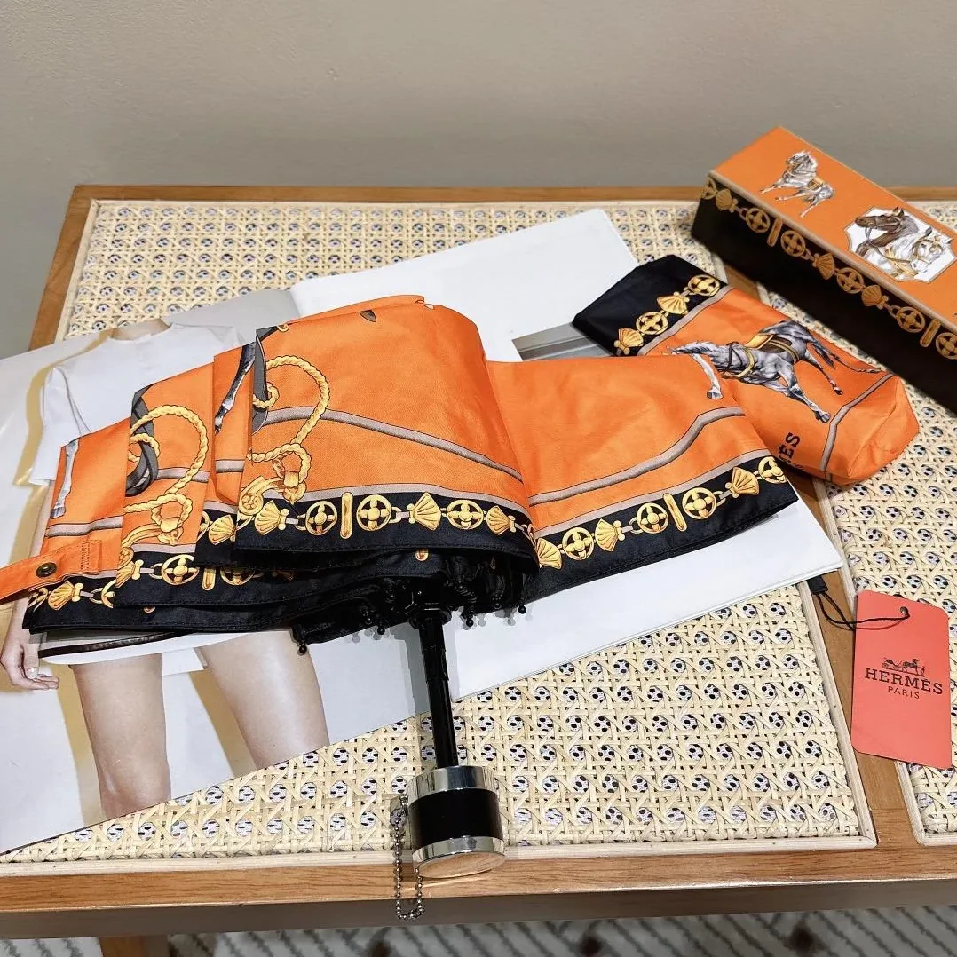 Hermes Long Umbrella With Horse Motif Orange