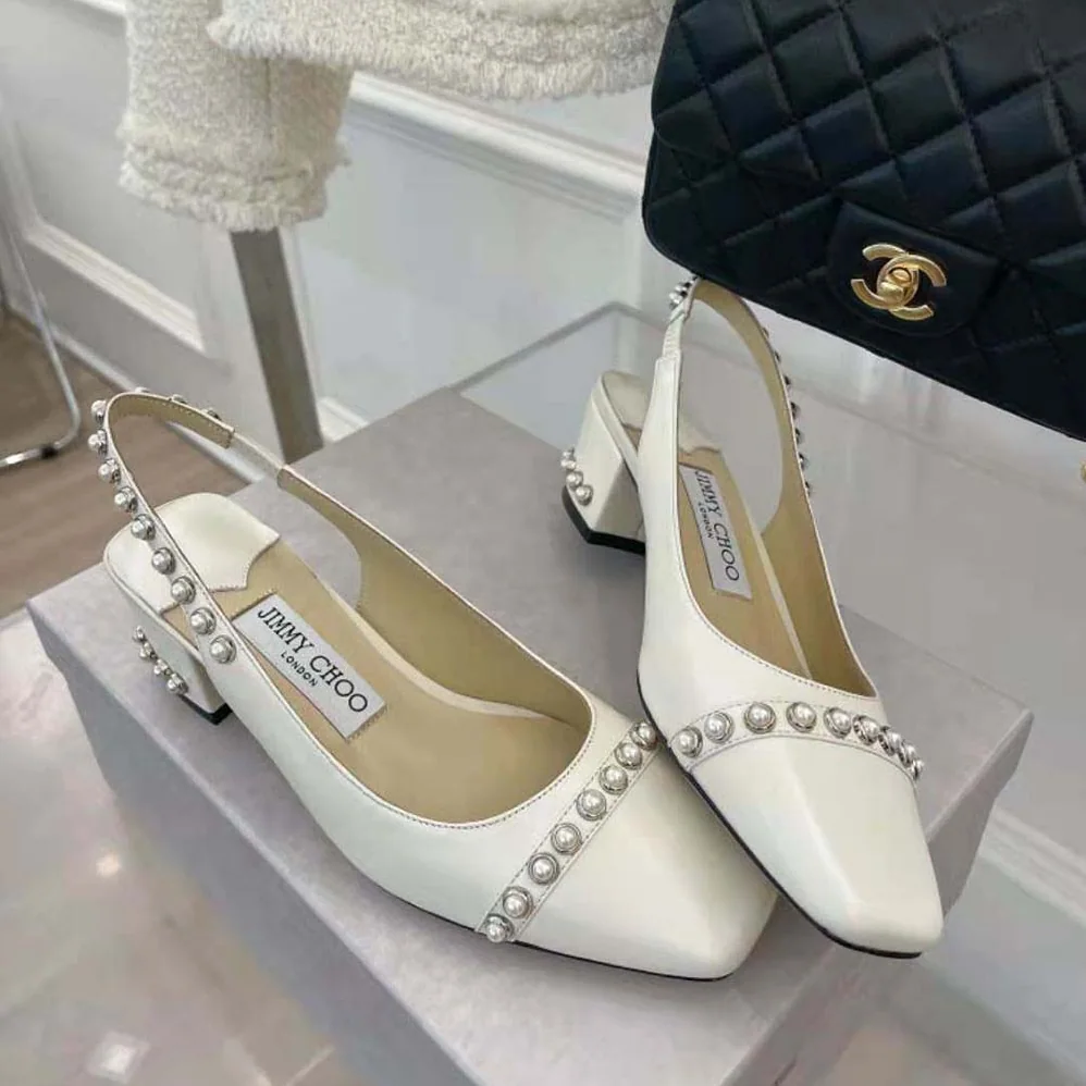 Jimmy Choo Hya 45 Latte Nappa Slingbacks with Pearl Studs for Women