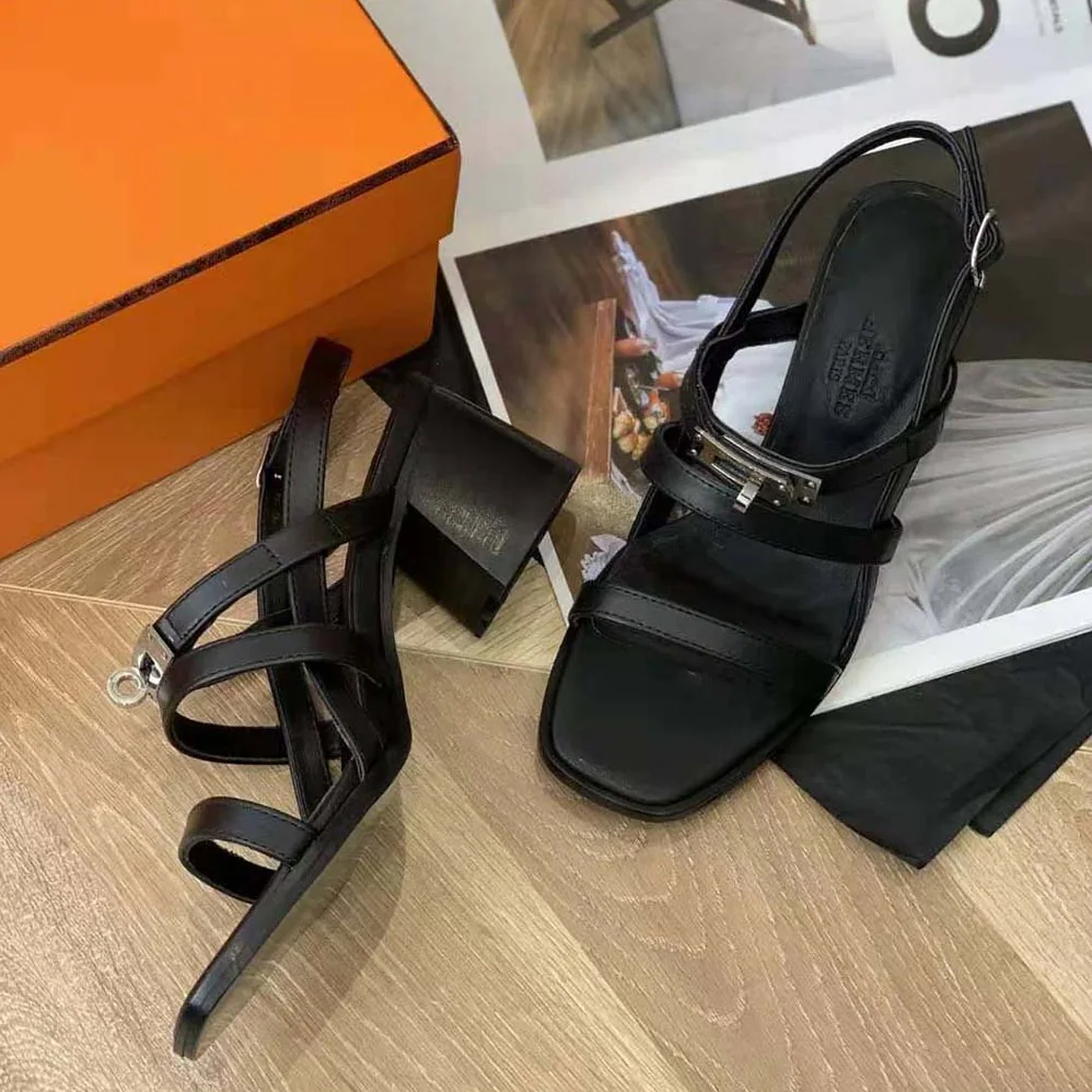 Hermes Eve 60 Sandal in Calfskin Leather for Women in Black Hermes Eve 60 Sandal in Calfskin Leather for Women in Black