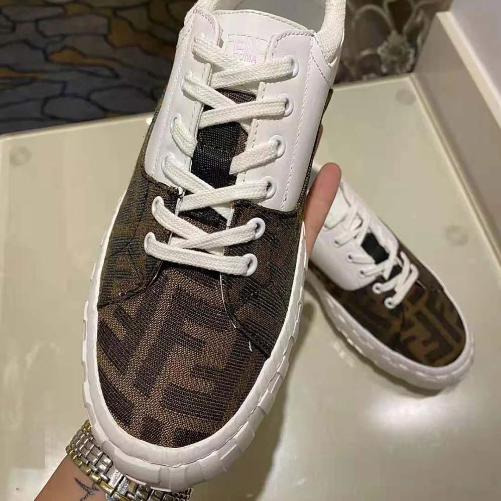 Fendi Sneakers Brown Fabric Low-Tops for Women in White