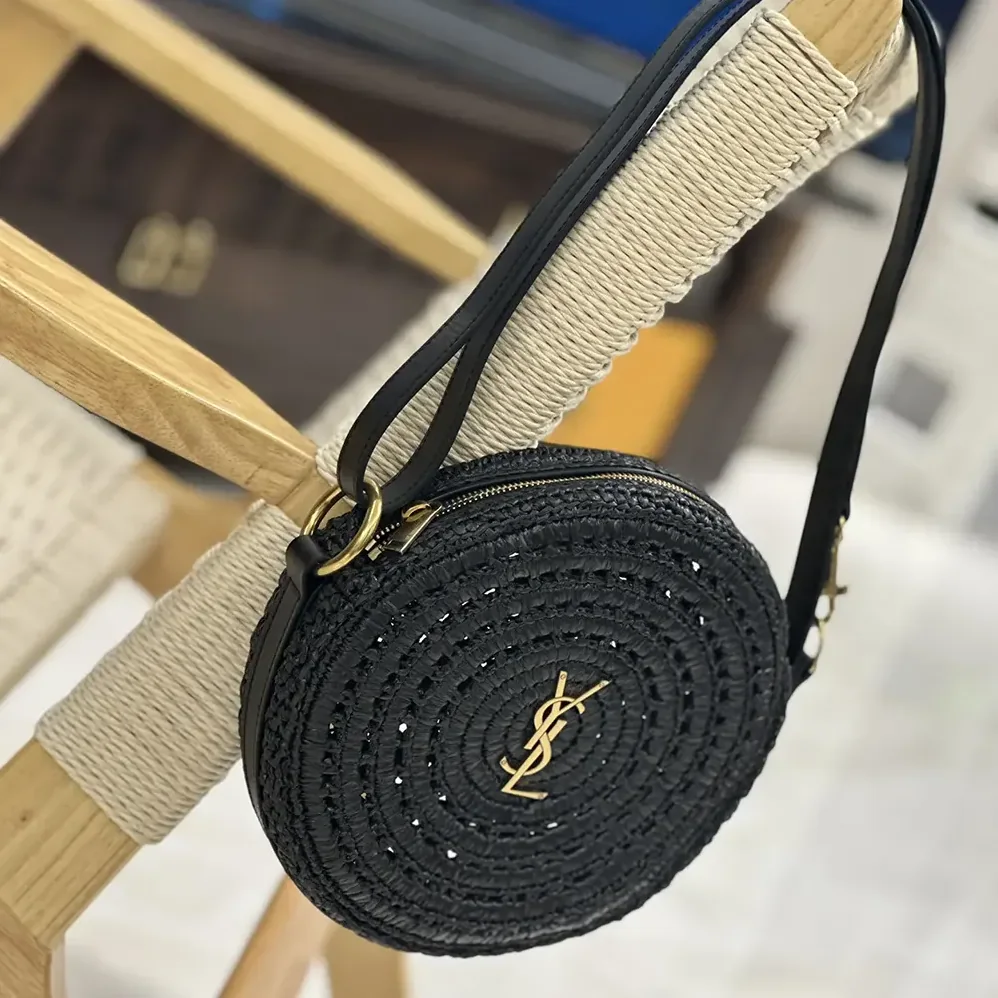 Saint Laurent YSL Round Bag in Raffia and Vegetable-Tanned Leather for Women in Black Saint Laurent YSL Round Bag in Raffia and Vegetable-Tanned Leather for Women in Black