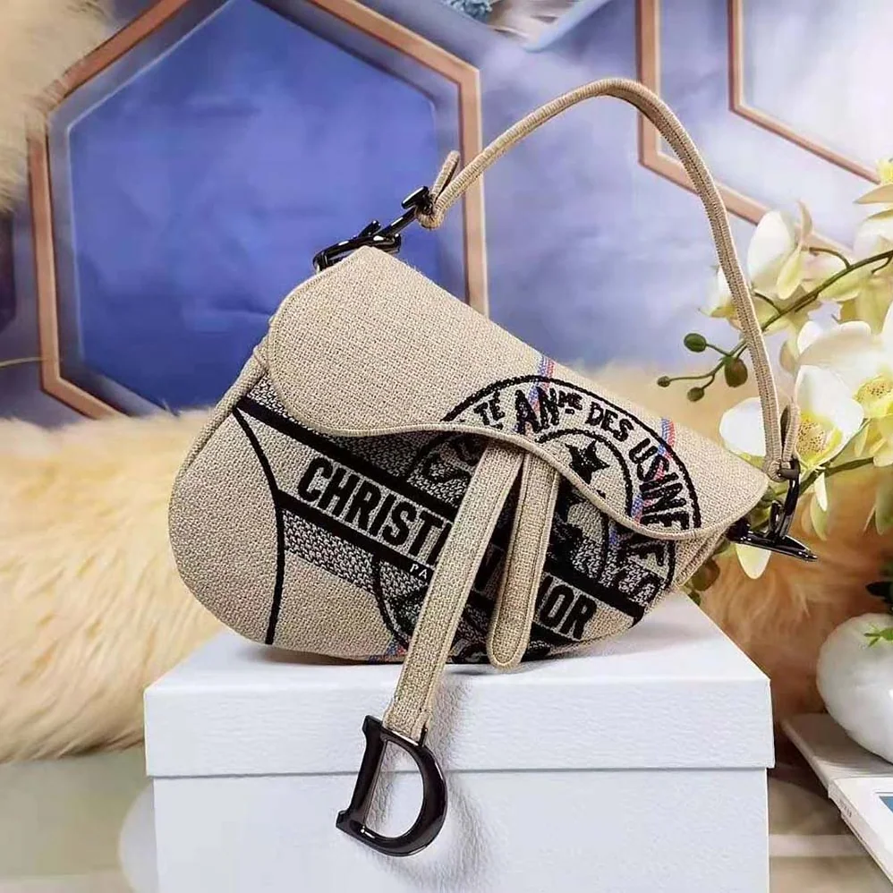 Dior Saddle Bag Beige Jute Canvas Embroidered with Dior Union Motif for Women