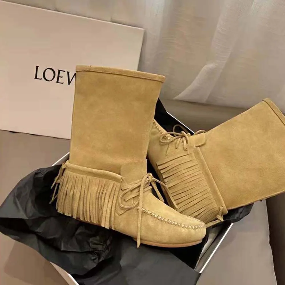 Loewe Fringed Soft Boot in Split Calfskin for Women in Brown