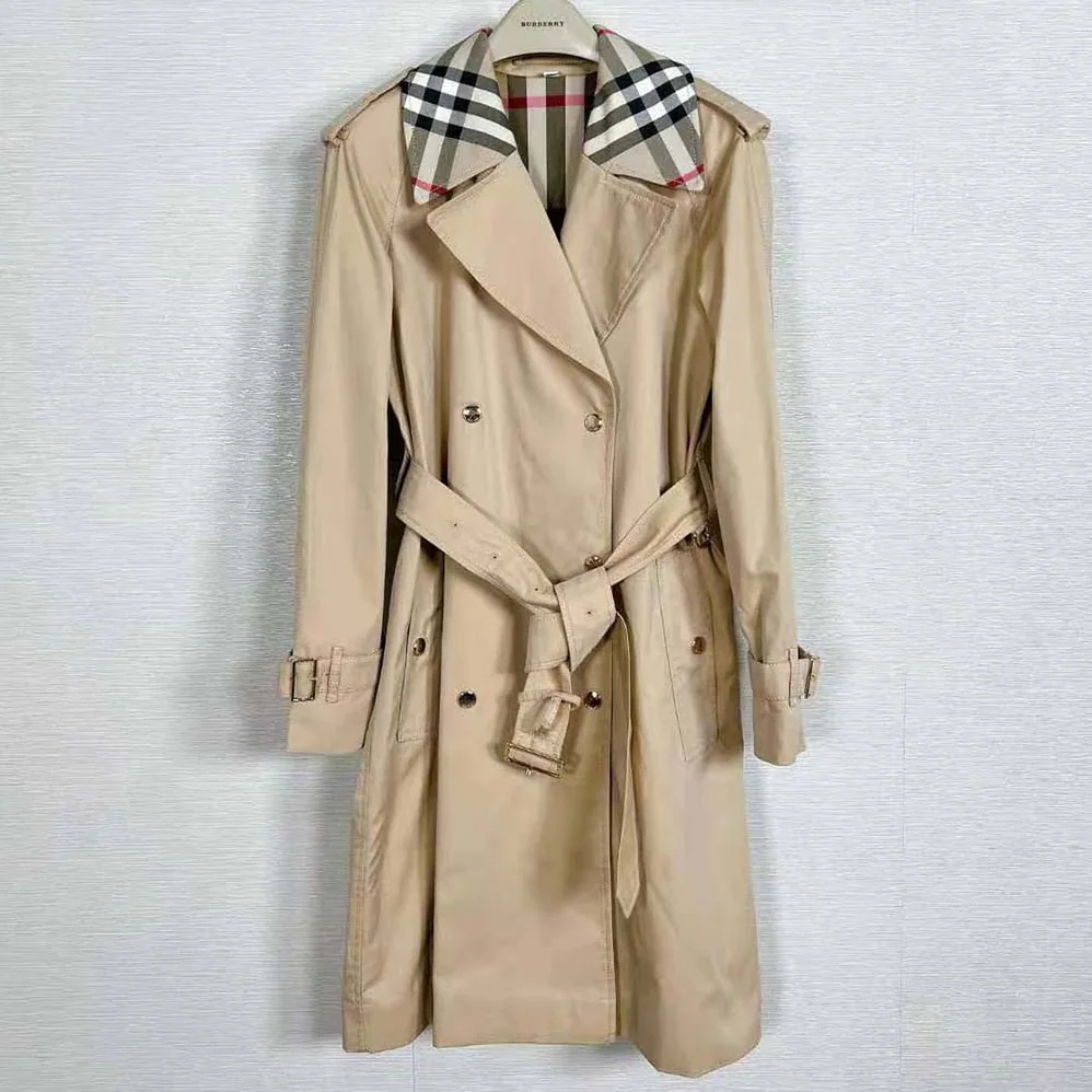 Burberry Long Check Collar Trench Coat for Women in Beige