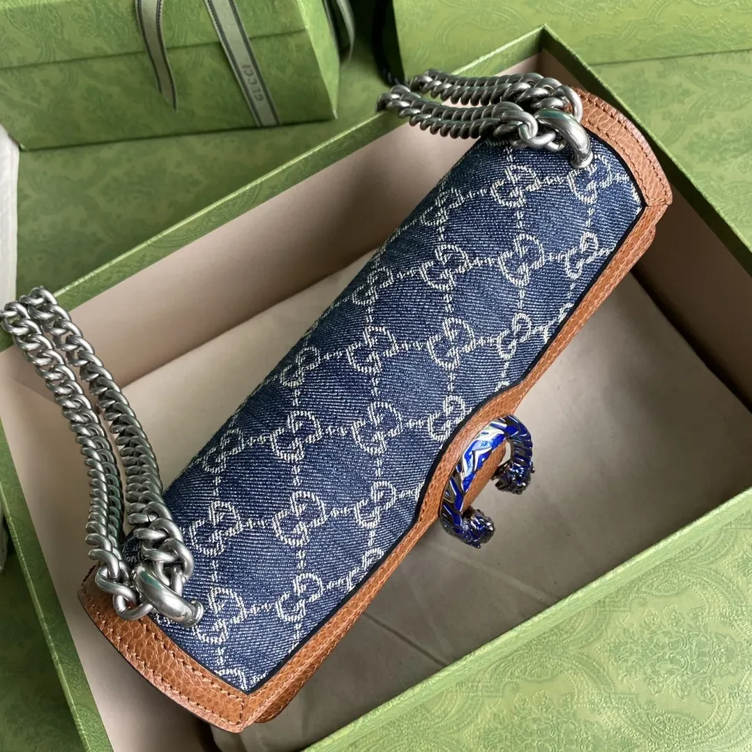 Gucci Dionysus Small Shoulder Bag / Dark Blue/ Ivory Eco Washed Organic GG Jacquard Denim Antique Silver Hardware Gucci Dionysus Small Shoulder Bag / Dark Blue/ Ivory Eco Washed Organic GG Jacquard Denim Antique Silver Hardware