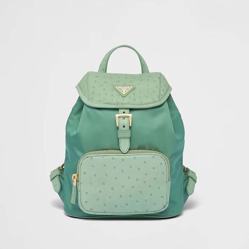 Prada Re-Nylon and Ostrich Leather Backpack for Women in Green