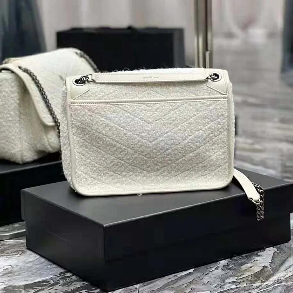 Saint Laurent YSL Niki Medium in Boucle Tweed and Smooth Leather for Women in White