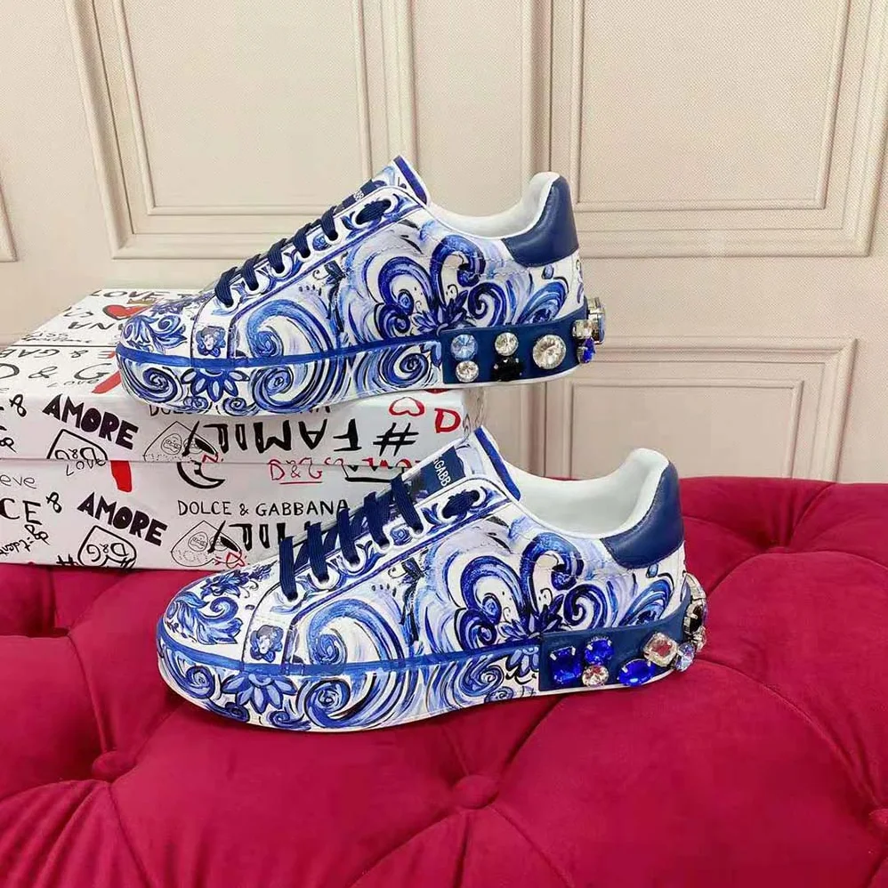 Dolce Gabbana D&G Majolica for Unisex in Print Calfskin Portofino Sneakers