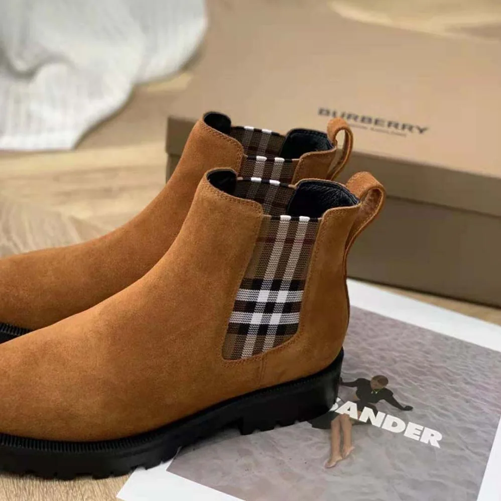 Burberry Vintage Check Detail Suede Chelsea Boots for Women in Brown Burberry Vintage Check Detail Suede Chelsea Boots for Women in Brown
