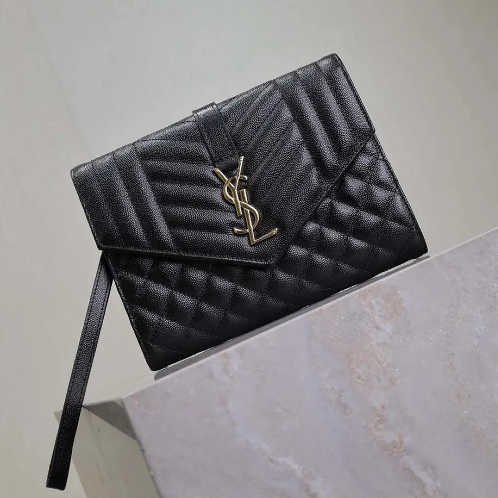Saint Laurent YSL Envelope Flap Pouch In Mix Matelassé Grain De Poudre Leather Black for Women