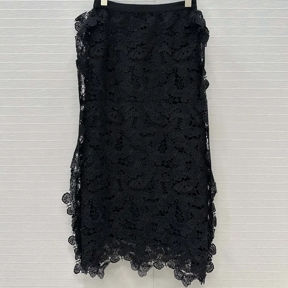 Dior Mid-Length Skirt Black Cotton-Blend Lace with Allover Butterfly Motif for Women