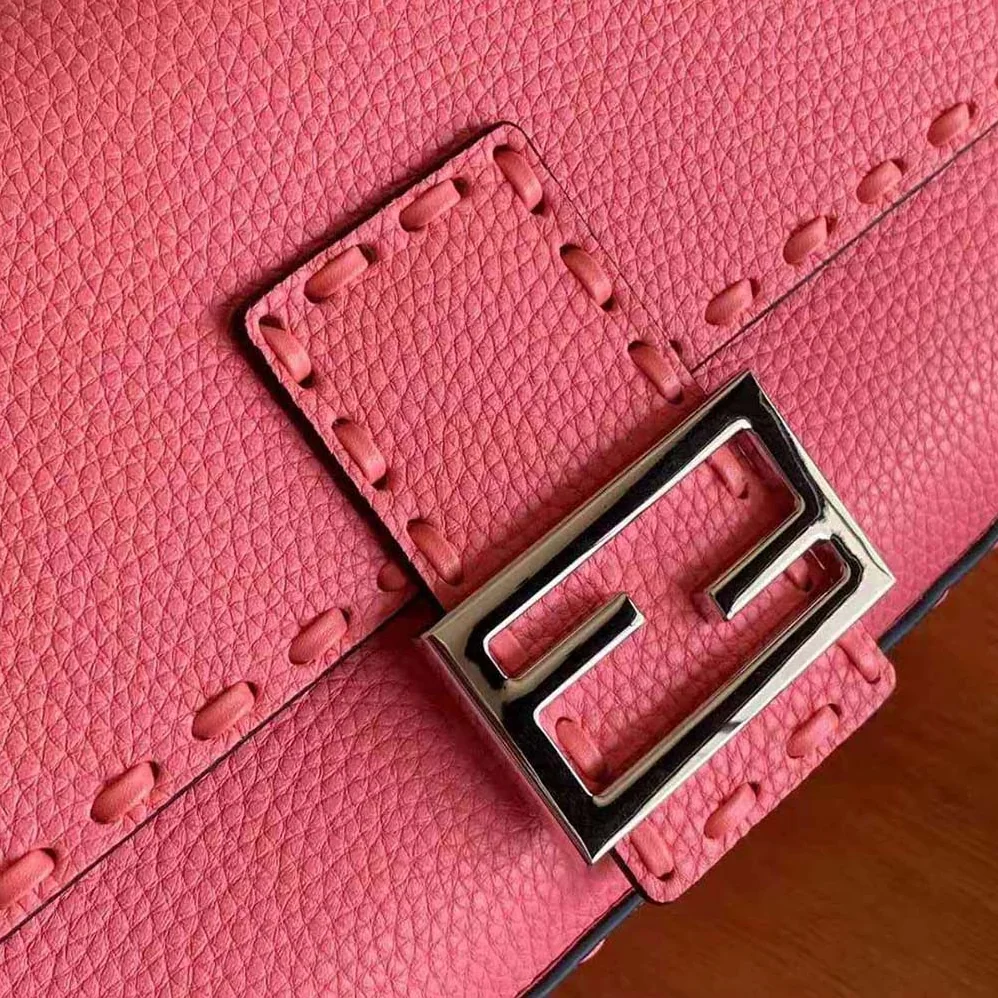 Fendi Baguette Pink Selleria Bag with Oversized Topstitching for Women