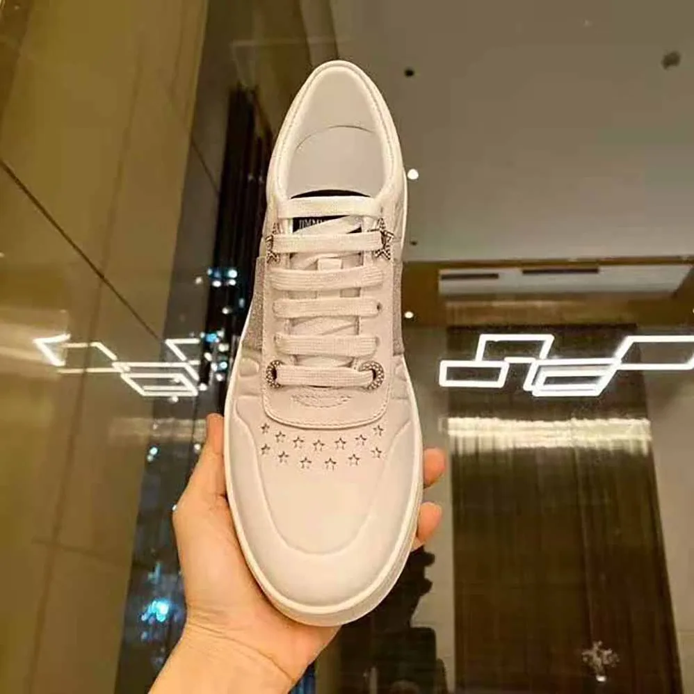 Jimmy Choo Hawaii F White Calf Leather Lace-Up Trainers with Glitter Stripe for Women Jimmy Choo Hawaii F White Calf Leather Lace-Up Trainers with Glitter Stripe for Women
