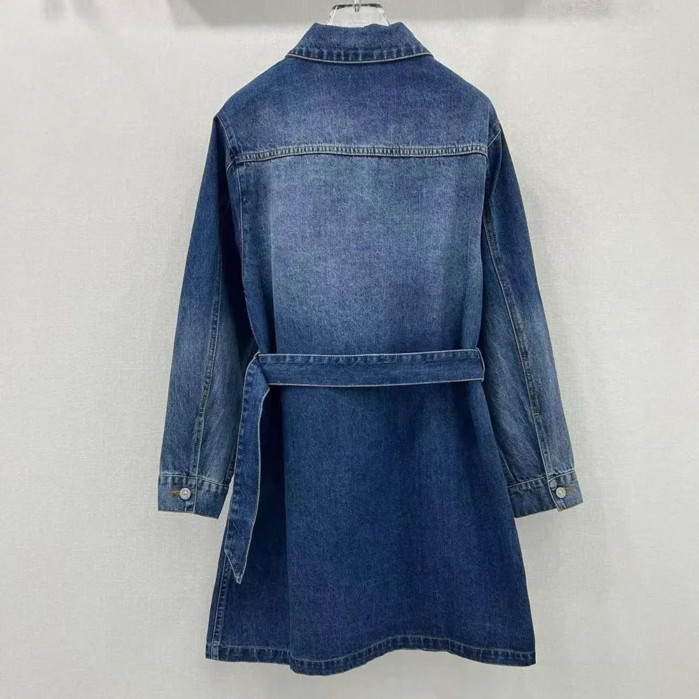 Dior Long Belted Jacket Blue Stonewashed Cotton Denim with Dior Oblique Interior for Women