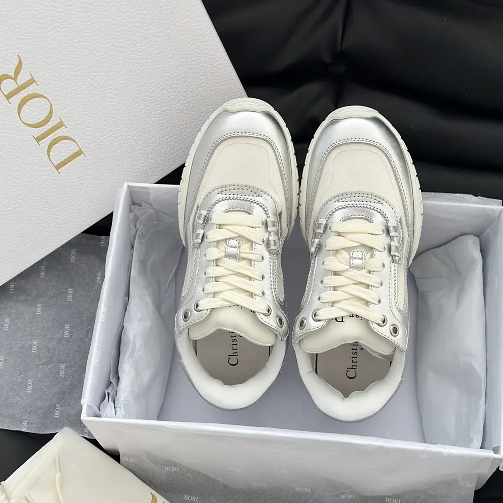 Dior Tech Sneaker Silver-Tone Laminated Grained Calfskin and Transparent Mesh for Unisex