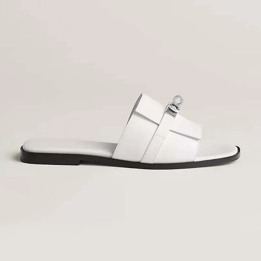 Hermes Giulia Sandal in Calfskin with Iconic Palladium-Plated Kelly Buckle for Women in White Hermes Giulia Sandal in Calfskin with Iconic Palladium-Plated Kelly Buckle for Women in White