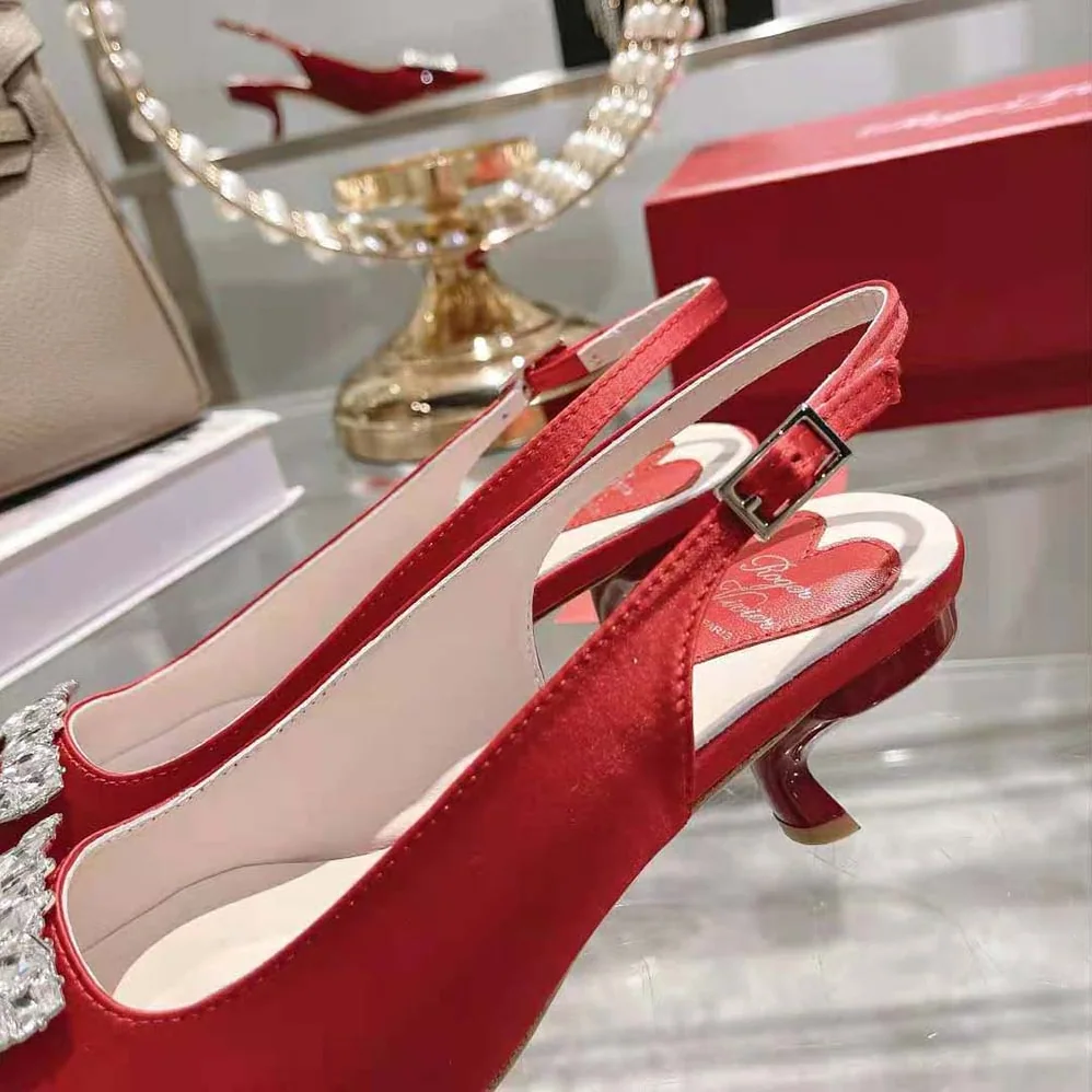 Roger Vivier Virgule Strass Buckle Slingback Pumps in Satin for Women in Red Roger Vivier Virgule Strass Buckle Slingback Pumps in Satin for Women in Red