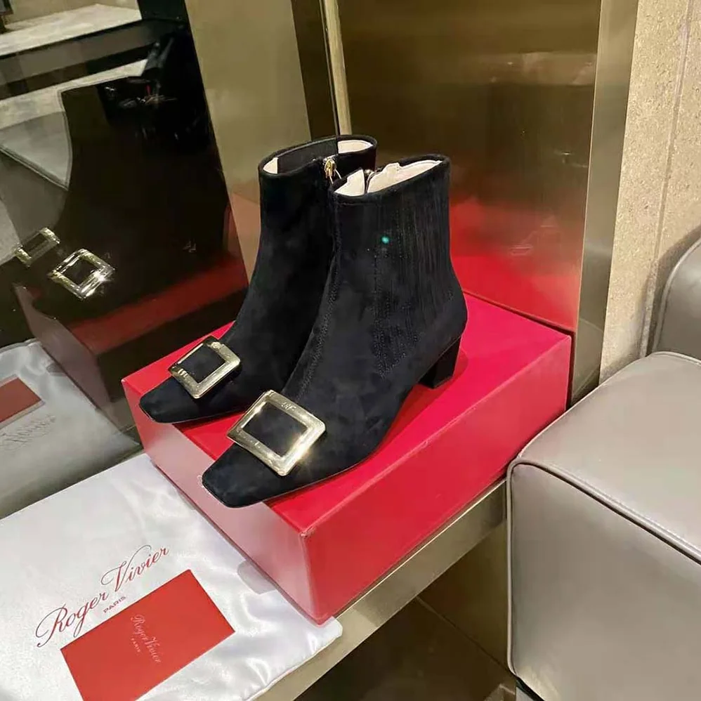 Roger Vivier Belle Vivier Metal Buckle Chelsea Booties in Suede for Women