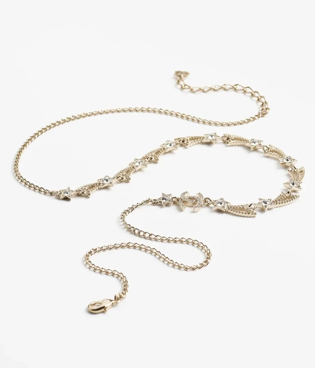 Chanel Long Necklace Gold Crystal