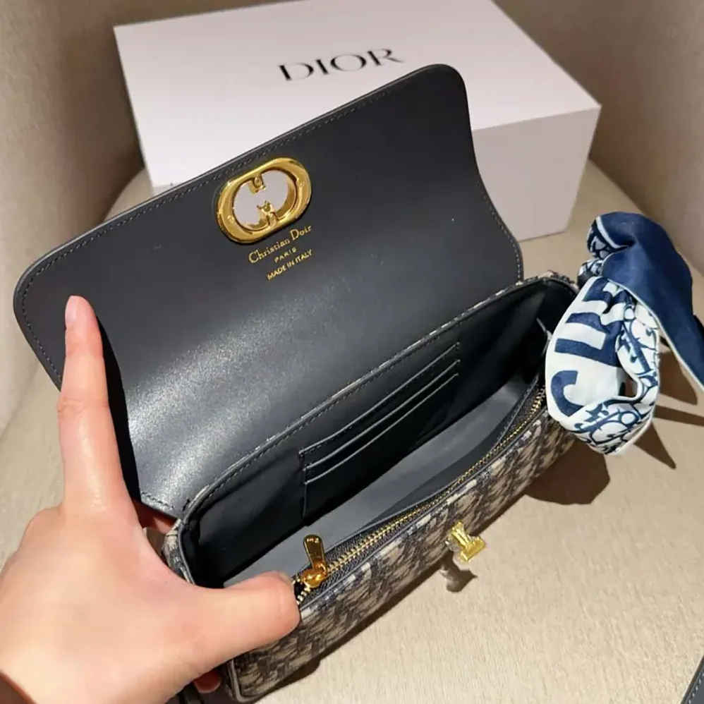 Dior Miss Caro Pouch with Chain Blue Dior Oblique Jacquard and Smooth Calfskin for Women