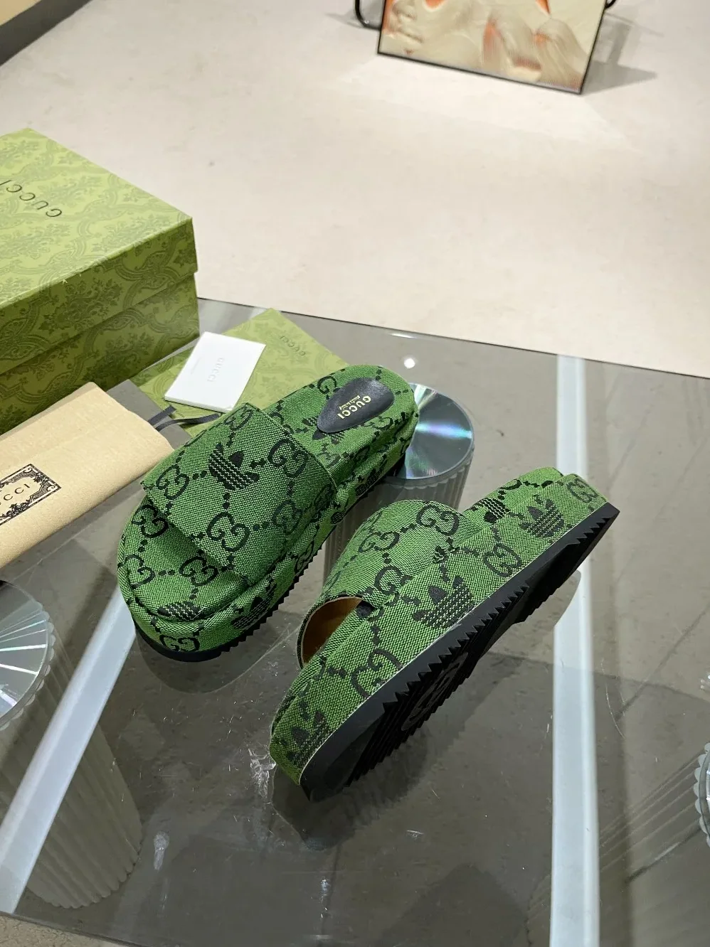 Gucci x Adidas GG Platform Sandal Dark Green for Women