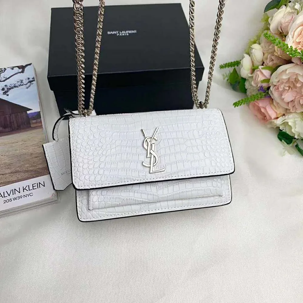 Saint Laurent YSL Sunset Medium Crocodile Embossed Shiny for Women in White Saint Laurent YSL Sunset Medium Crocodile Embossed Shiny for Women in White
