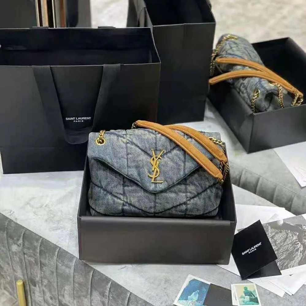 Saint Laurent YSL Puffer Small Bag in Quilted Vintage Denim and Suede for Women Saint Laurent YSL Puffer Small Bag in Quilted Vintage Denim and Suede for Women
