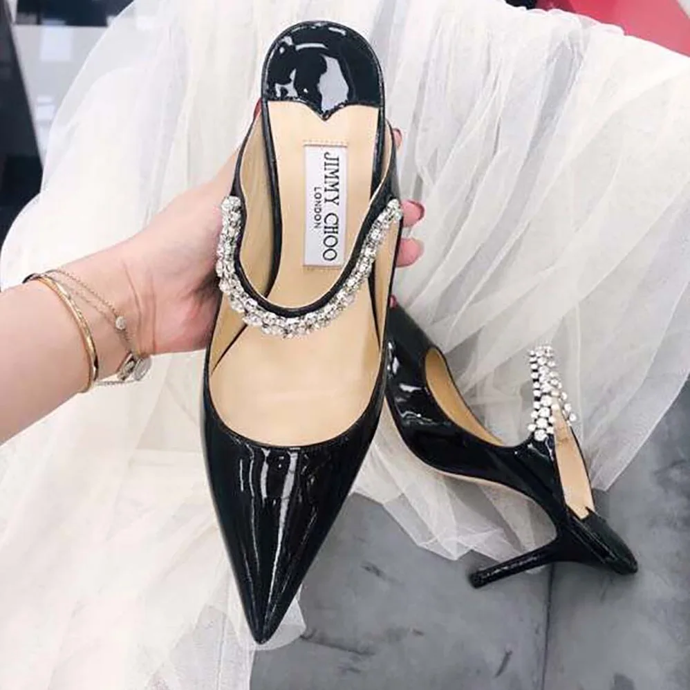 Jimmy Choo Shoes Bing 65 Black Patent Leather Mules with Crystal Strap for Women Jimmy Choo Shoes Bing 65 Black Patent Leather Mules with Crystal Strap for Women