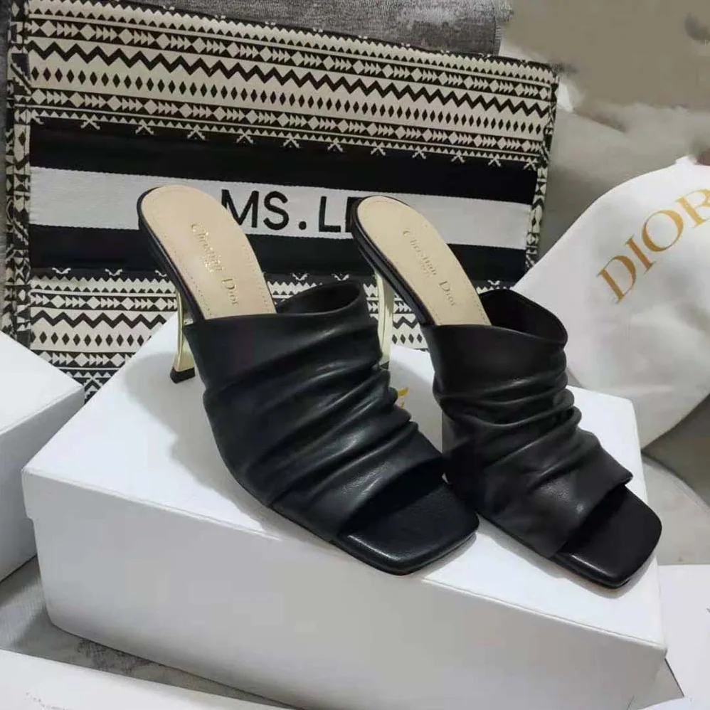 Dior D-Fame Heeled Sandal Black Pleated Lambskin for Women